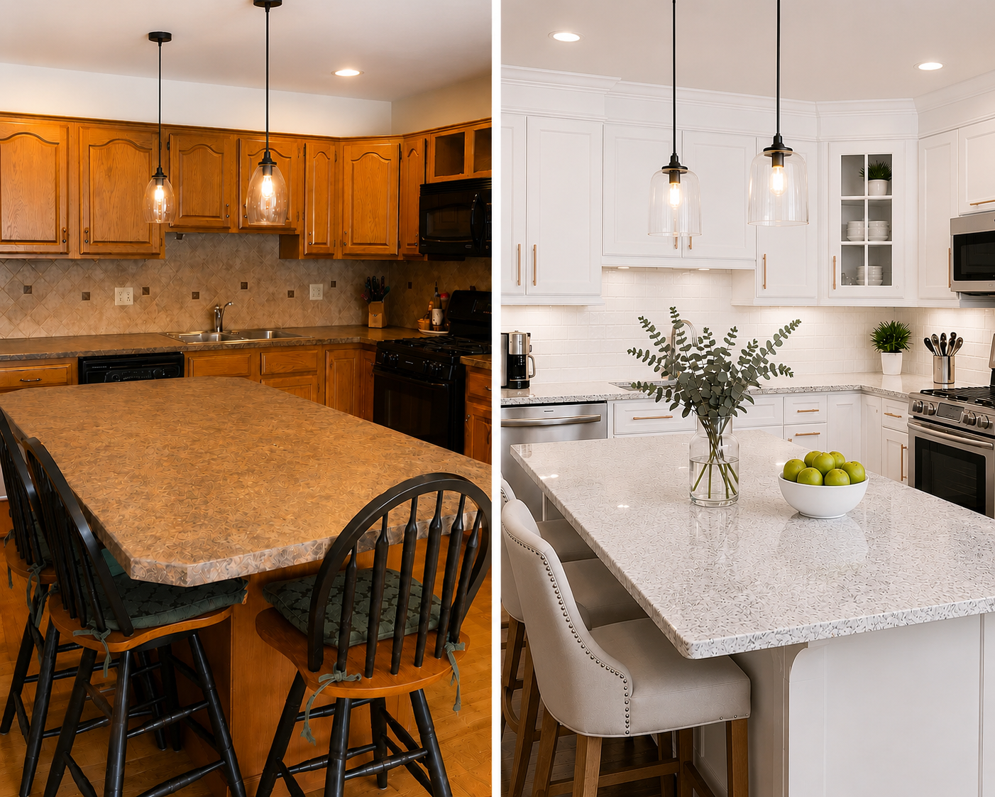 After: the same kitchen wall with full-overlay warm white shaker doors and drawer fronts, concealed hinges, brass bar pulls and a light quartz counter