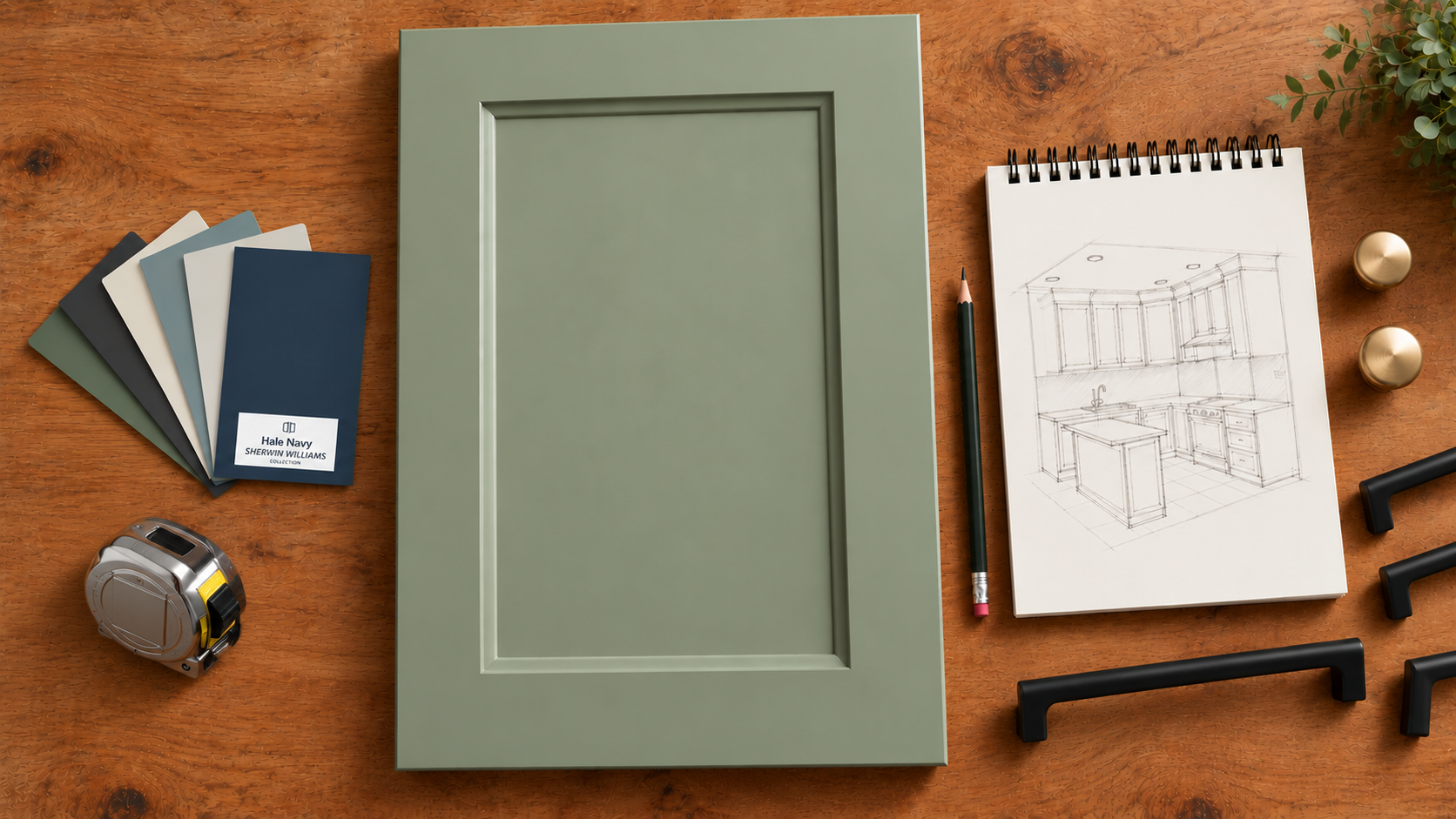 Planning flat lay on an oak table with a sage painted cabinet door sample, warm neutral paint swatches, a tape measure, pencil, notebook and brass hinges