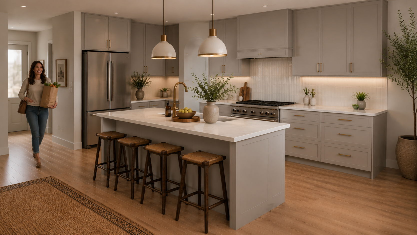 Sunlit refaced kitchen with painted greige shaker cabinet doors, brushed brass pulls, a light oak shelf and a white quartz counter
