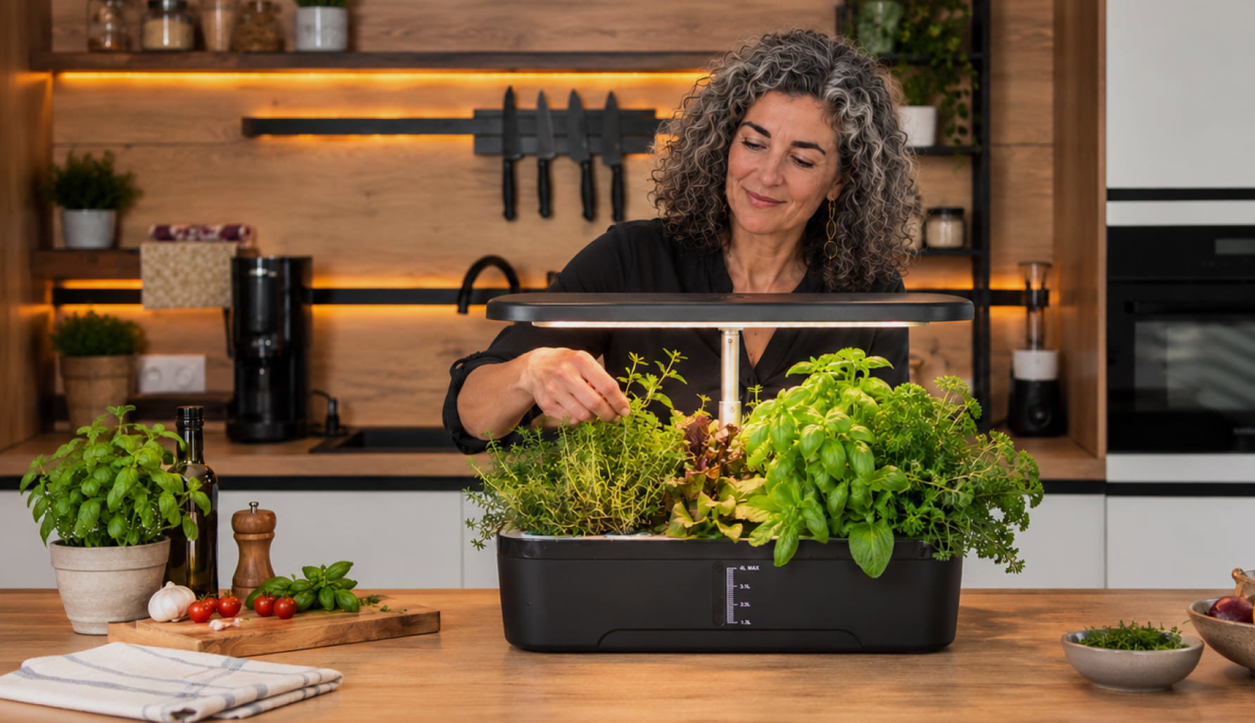 Vrouw oogst verse basilicum uit de Growbox op het keukenblad