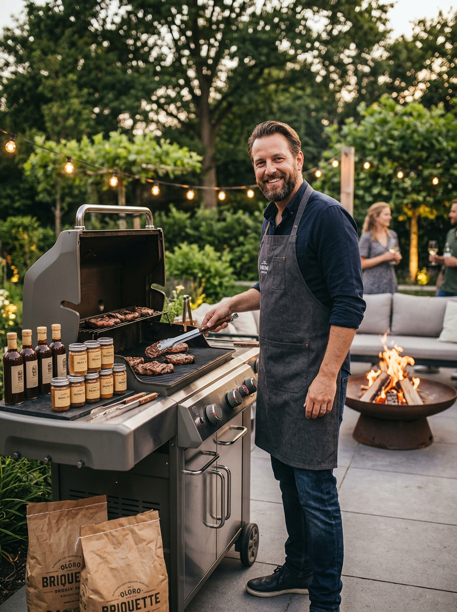 Smiling man cooking steaks on grill with sauces and fire pit in backyard