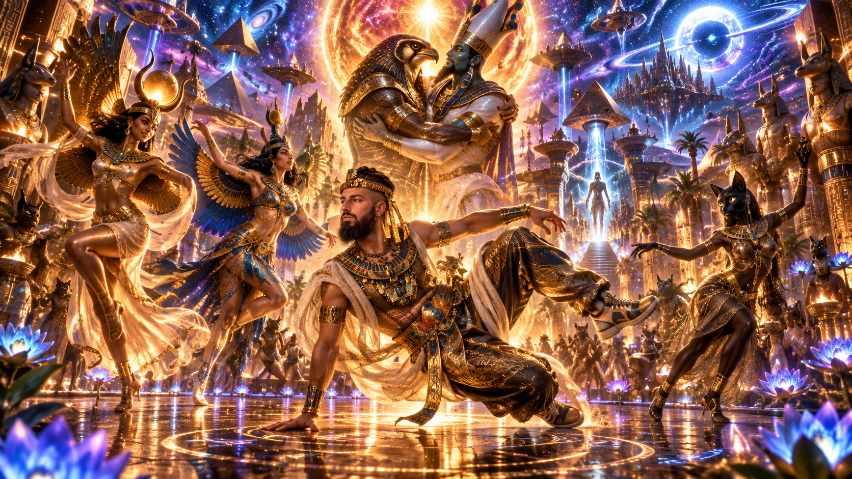 Ancient Signs 111 cover: a dancer in Egyptian regalia among gods and golden temples under a cosmic sky