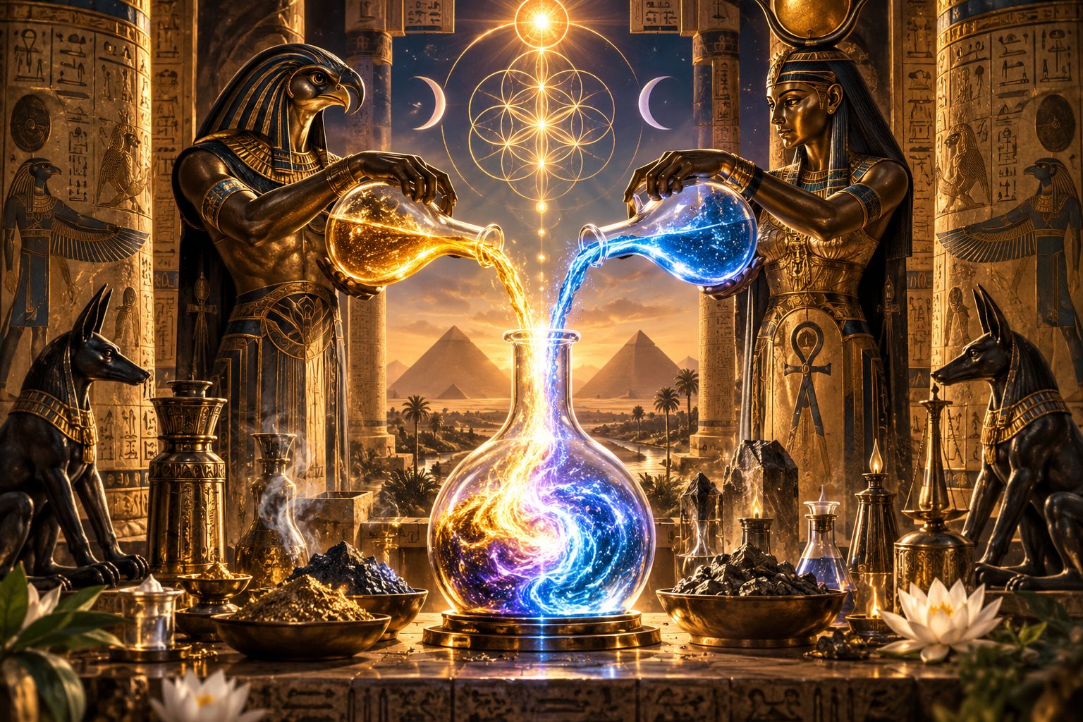 Illustration of Egyptian deities surrounding an alchemical transmutation