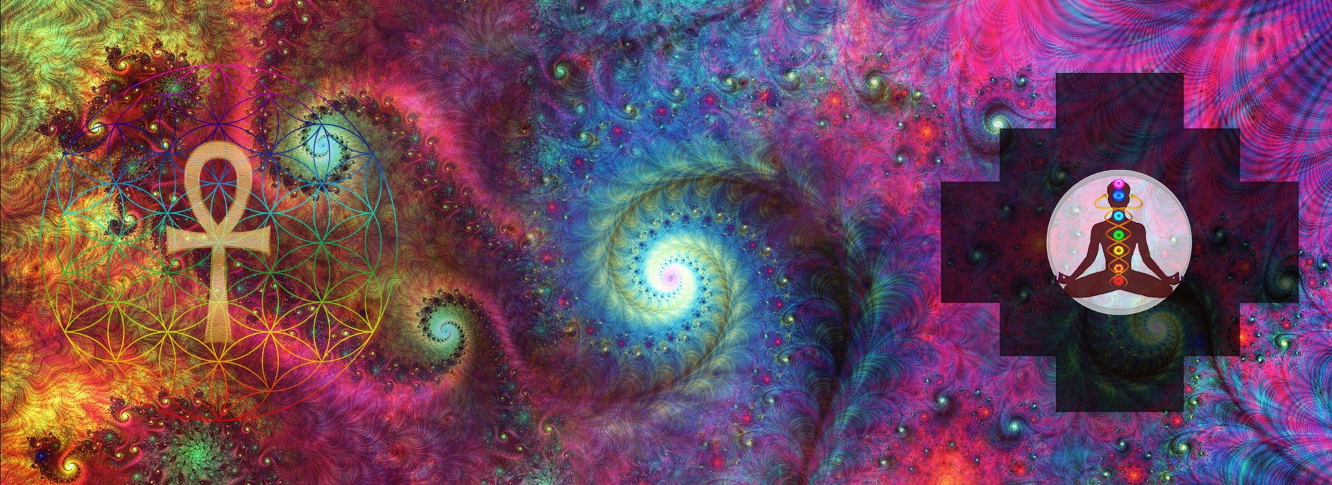 Fractal artwork with an ankh in the flower of life and a meditating figure with glowing chakras