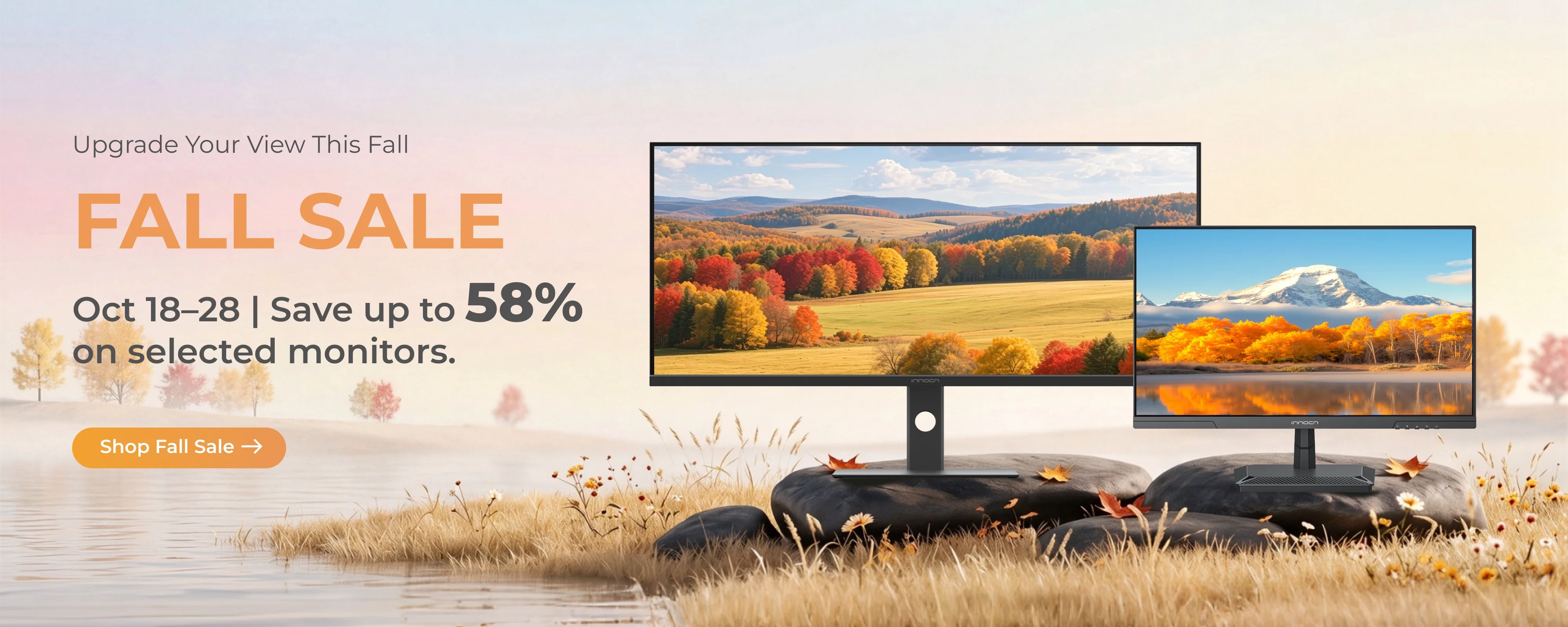 INNOCN Fall Sale, Oct 18–28 — Save up to 58% on selected monitors, shown with two INNOCN monitors in an autumn meadow