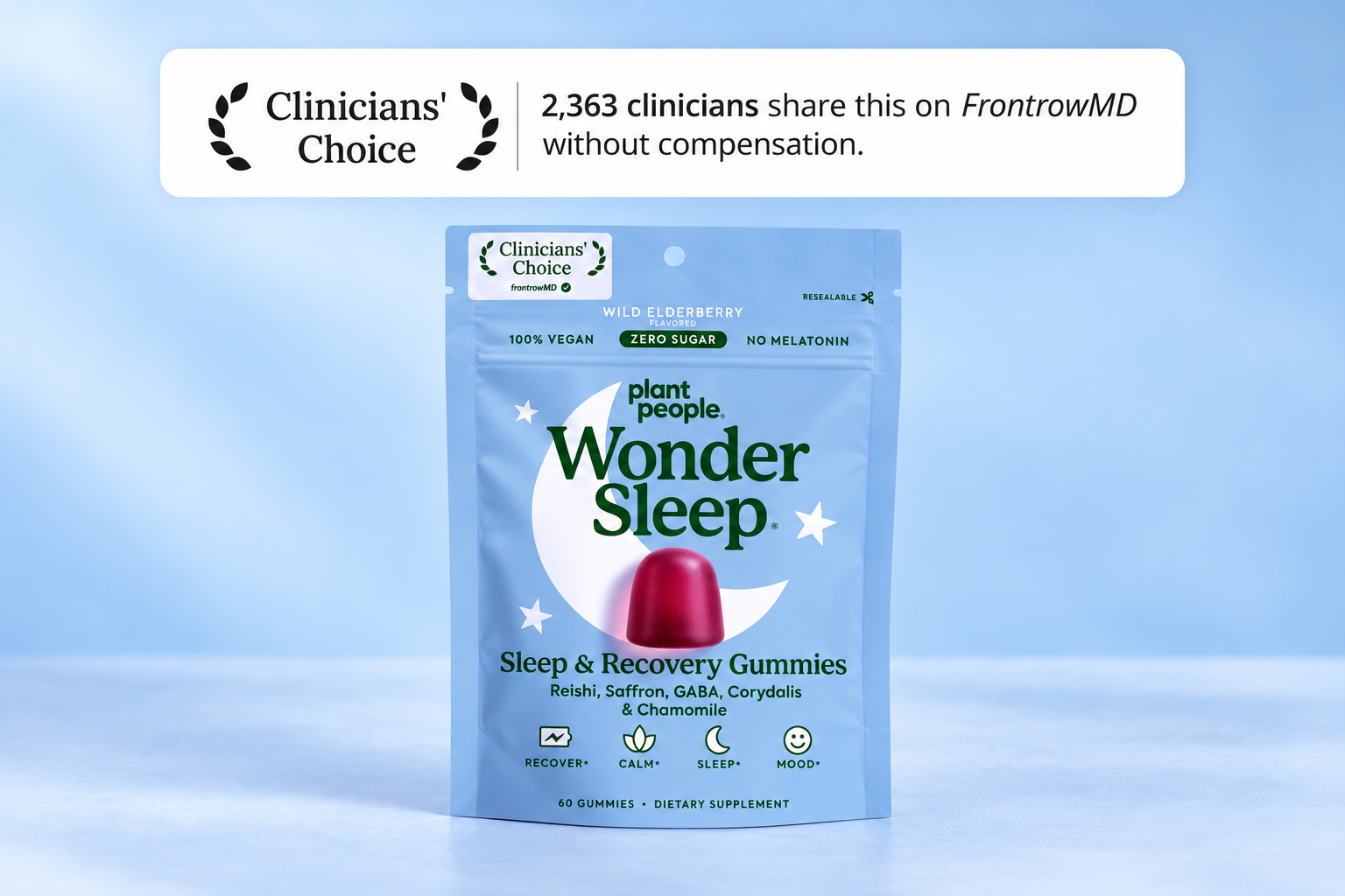 Clinicians' Choice badge: 2,363 clinicians share Wonder Sleep on FrontrowMD without compensation, above a Wonder Sleep pouch