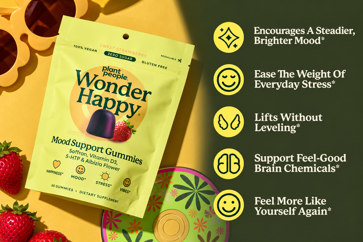 Wonder Sleep gummies pouch on a linen bed with its five key benefits