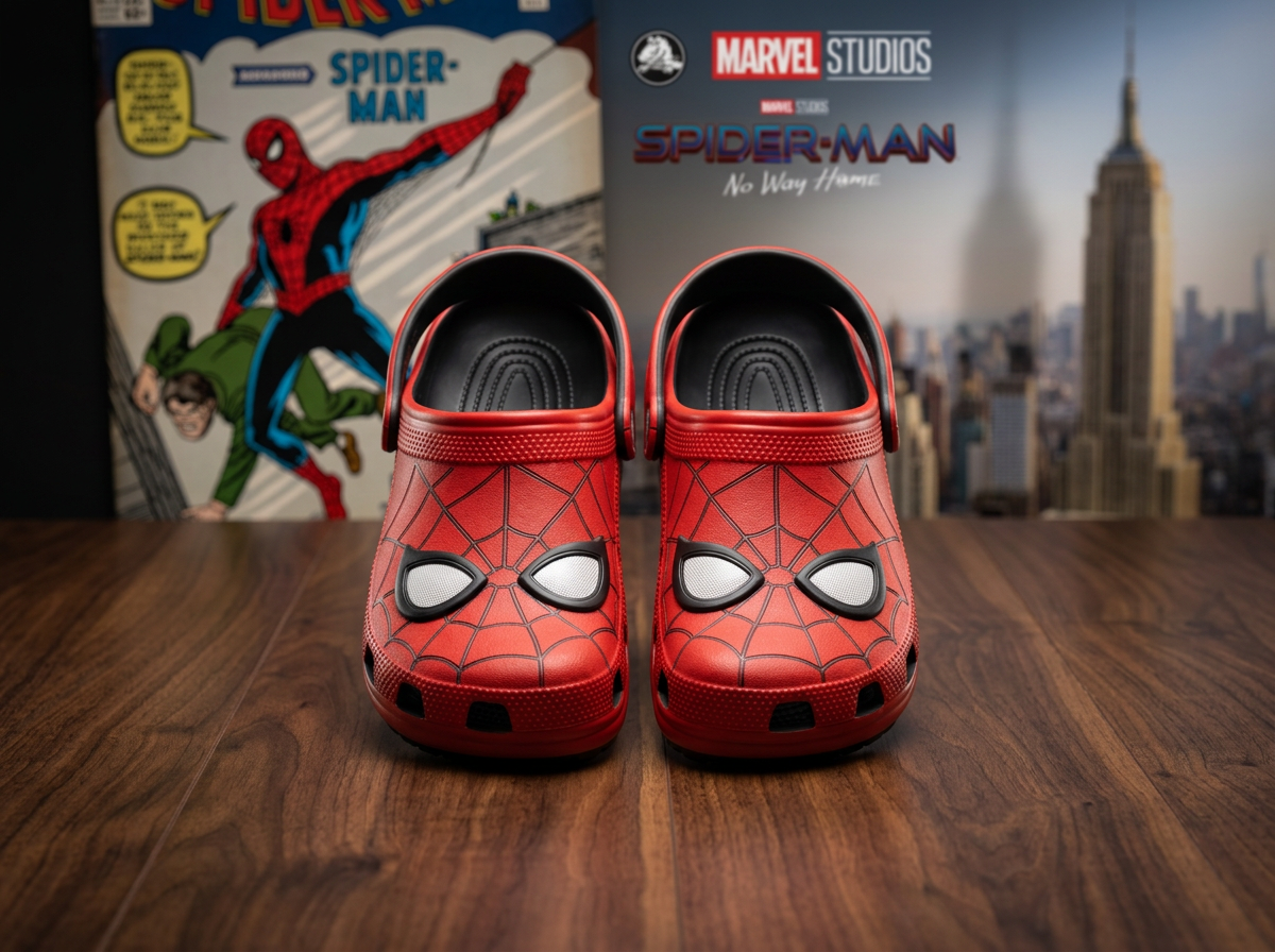 Red Spider-Man patterned Crocs with white eyes, comic book and city skyline backdrop