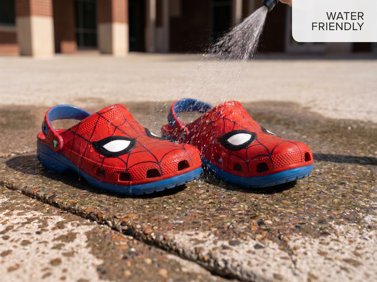 Red and blue Spider-Man clogs being sprayed with water on a wet pavement