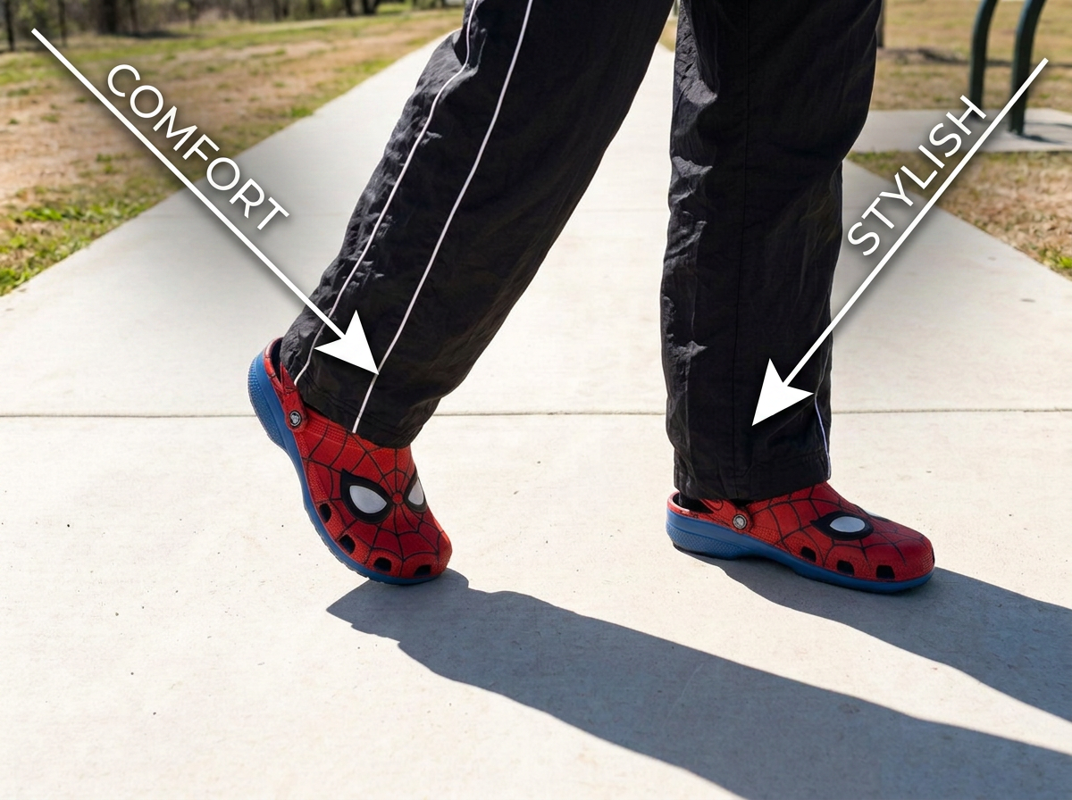 Person wearing black pants and red Spiderman-themed slip-on shoes on a sidewalk