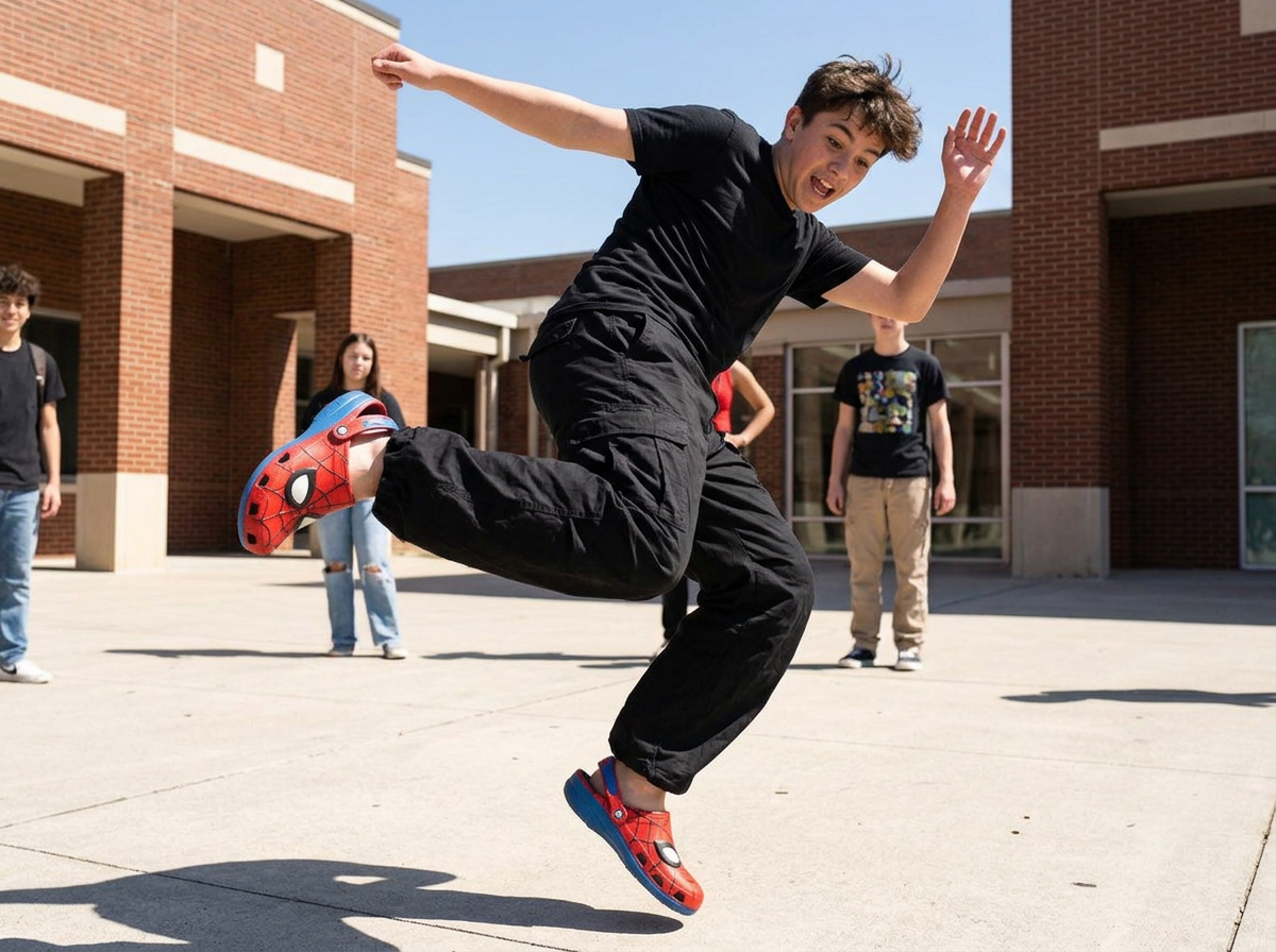 Teen boy jumping mid-air with others watching outside school buildings
