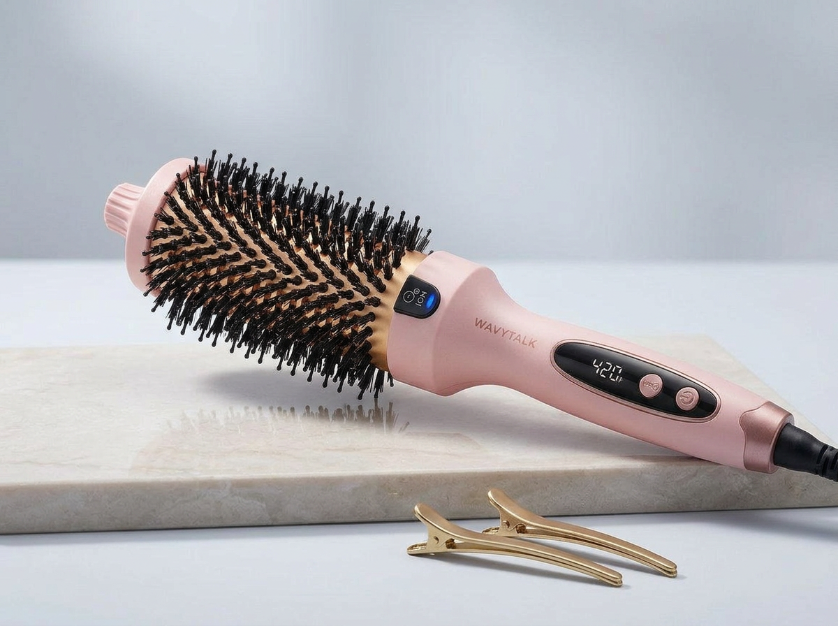 Pink heated blow brush with digital temperature display showing 420°F, and two gold hair clips on a marble surface