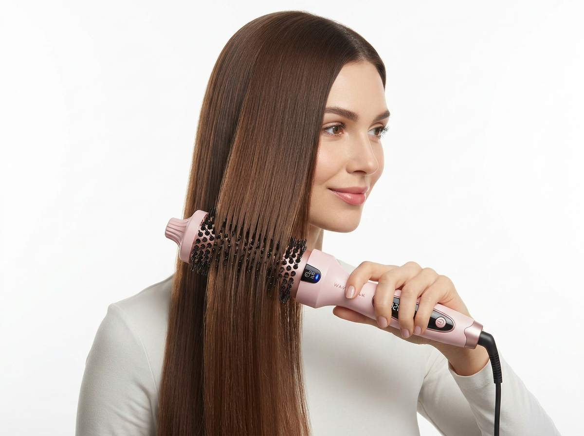 Woman styling long straight hair with a pink heated round hair brush