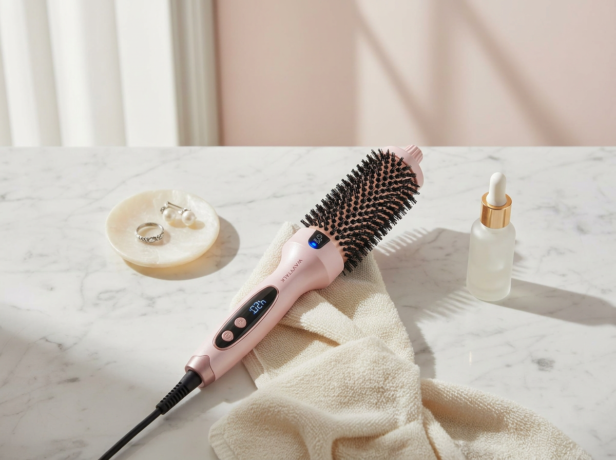 A pink electric hair brush with digital display resting on a white towel on a marble counter