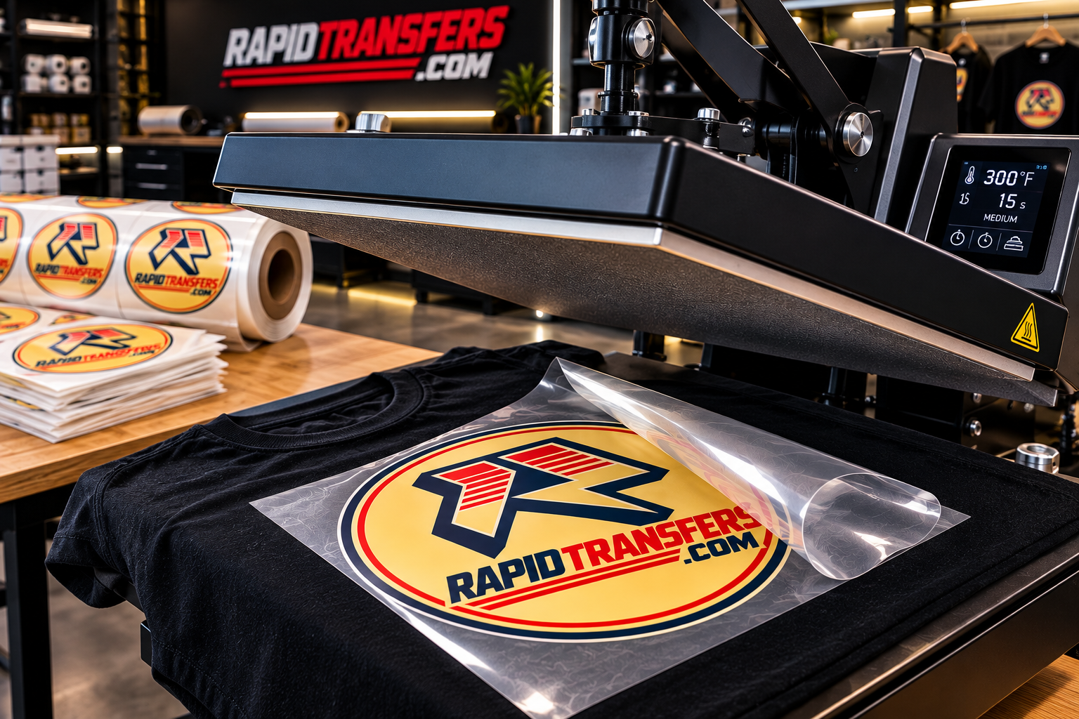 Heat press set to 300°F pressing a Rapid Transfers DTF logo onto a black t-shirt, with the hot-peel film lifting off