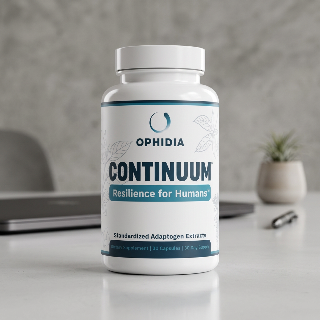 White bottle of Ophidia Continuum dietary supplement on a table with blurred background