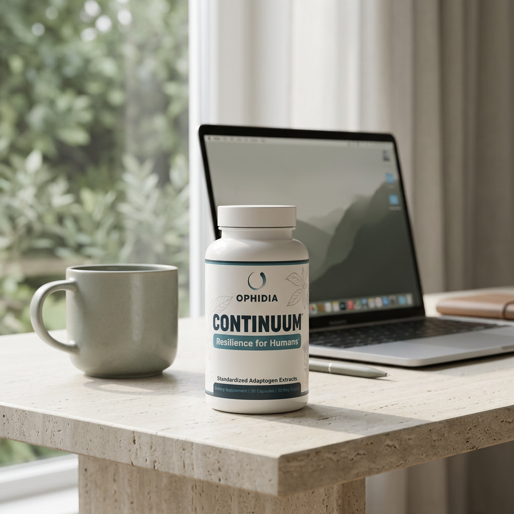 Bottle of Ophidia Continuum supplement on desk with a mug and laptop in background