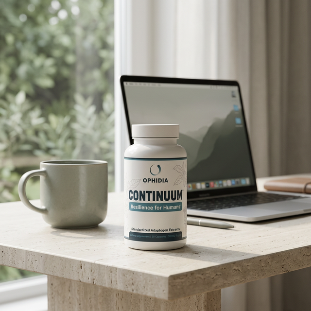 Bottle of Ophidia Continuum supplement on desk with a mug and laptop in background