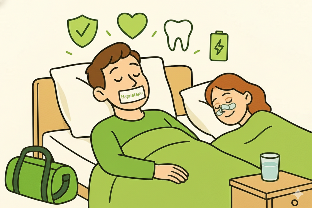 Two people sleeping in bed with Happatape on mouth and nose, green icons above.