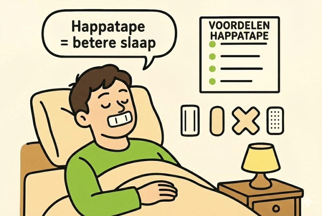 Illustration of a man sleeping with Happatape mouth tape and a list of its benefits in Dutch.