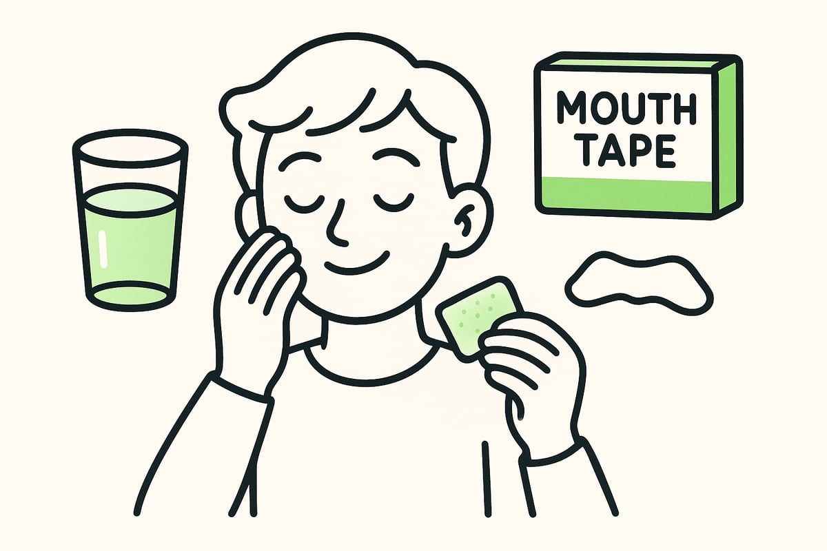 Person holding a mouth tape strip with a glass of water and mouth tape box nearby.