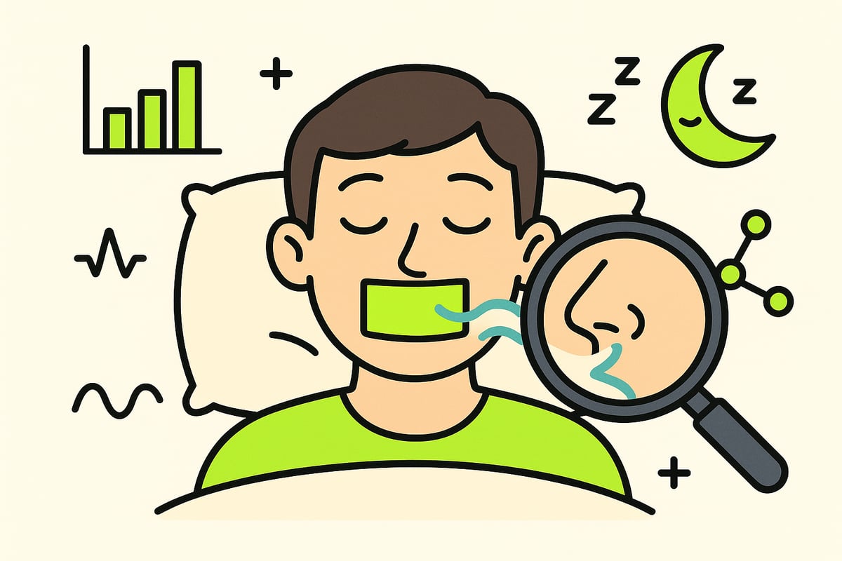 Illustration of a man sleeping with a sleep strip on mouth and a magnifying glass showing nasal airflow.