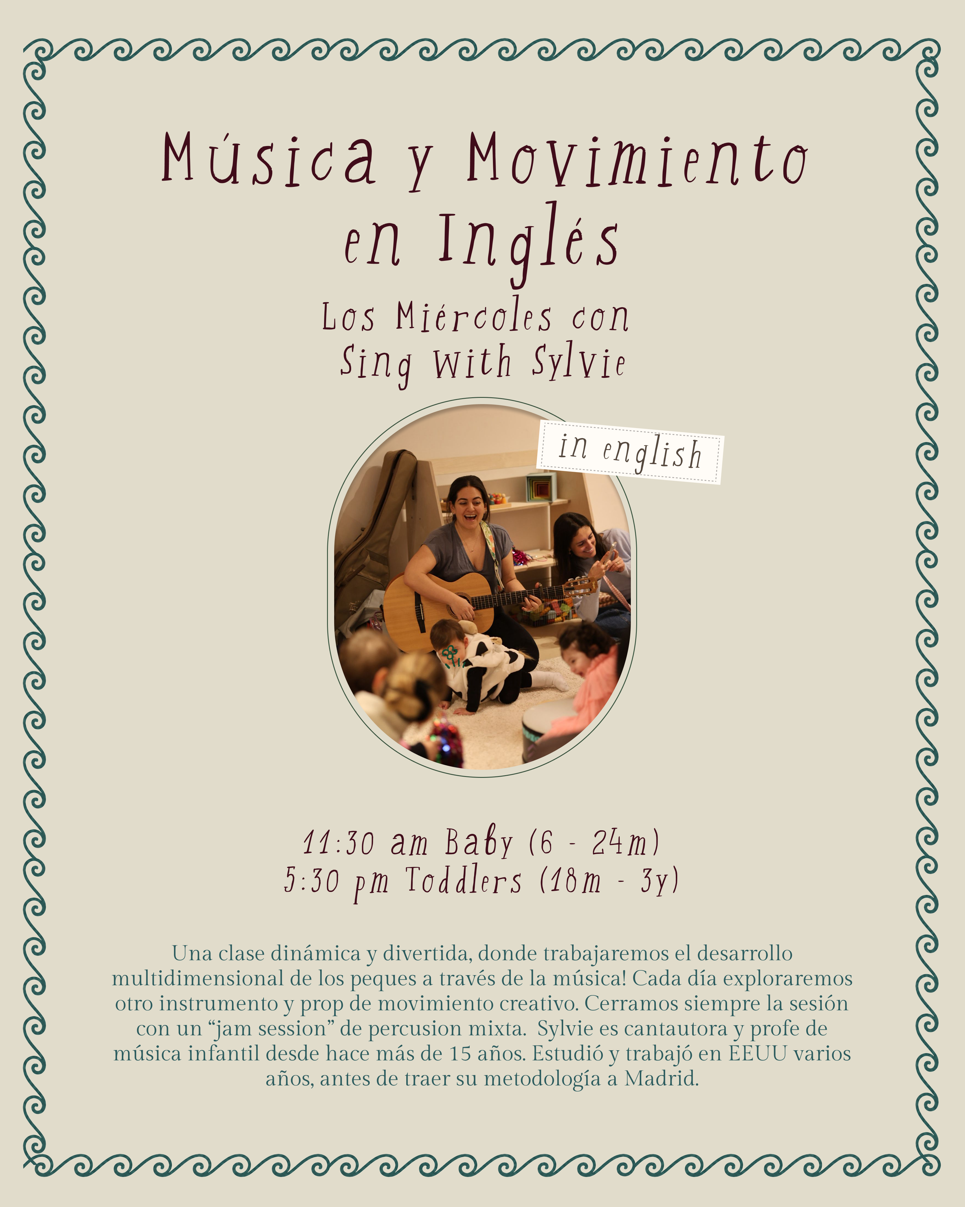 Sylvie playing guitar and singing during a music class