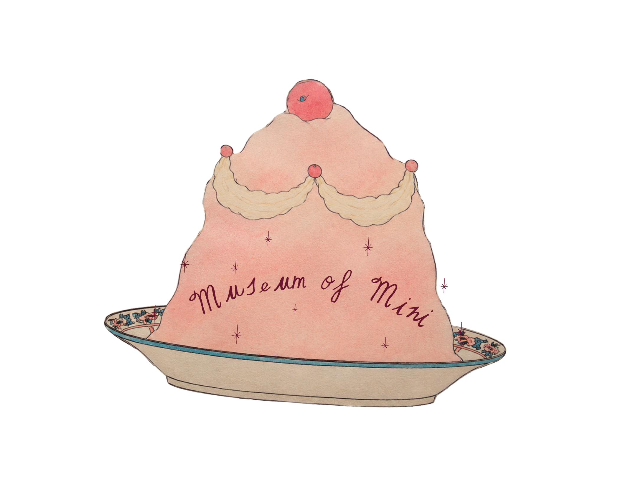 Hand-drawn Museum of Mini celebration cake on a painted platter