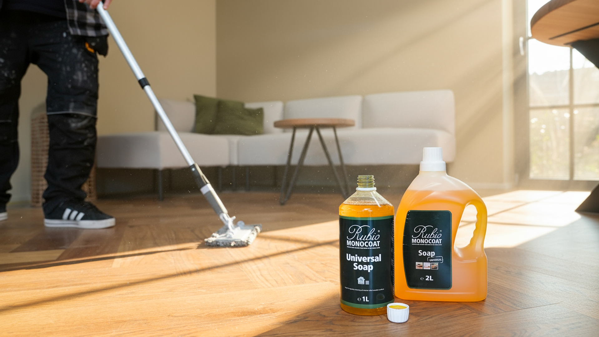 Cleaning a hard wax oiled oak floor with a flat mop and wood soap