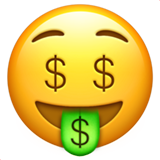 Yellow smiling face emoji with dollar signs for eyes and green tongue with dollar sign