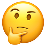 A yellow emoji face with a raised eyebrow and hand on chin, expressing thought