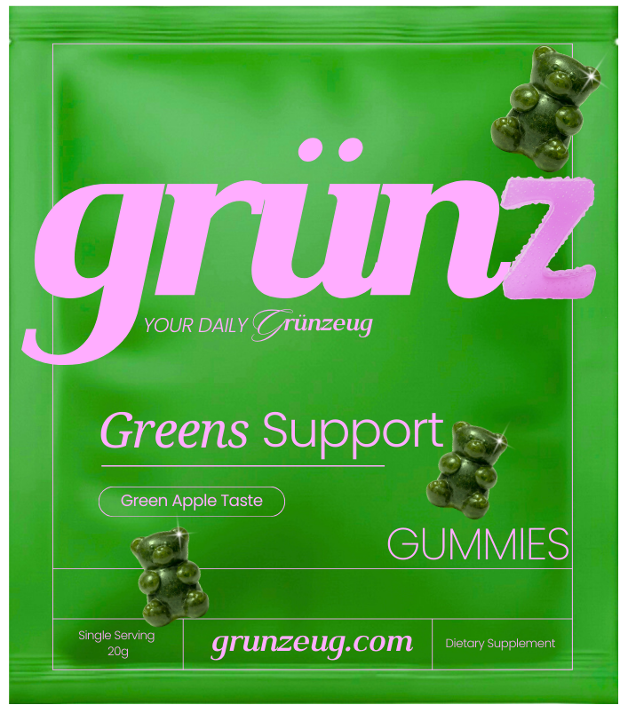Green package of Grünz Greens Support green apple taste gummy bears dietary supplement