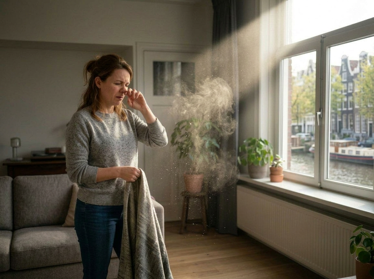 A woman touching her nose with eyes closed reacting to dust particles in sunlight near window