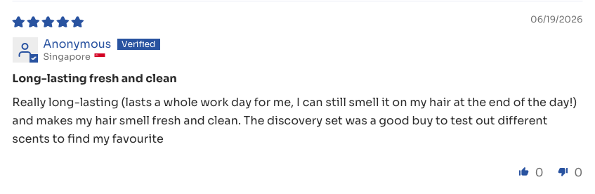 Five-star verified review titled Long-lasting fresh and clean, praising the Discovery Set