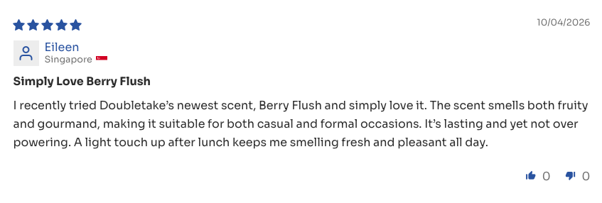 Five-star review titled Simply Love Berry Flush, describing the scent as fruity, gourmand and long-lasting