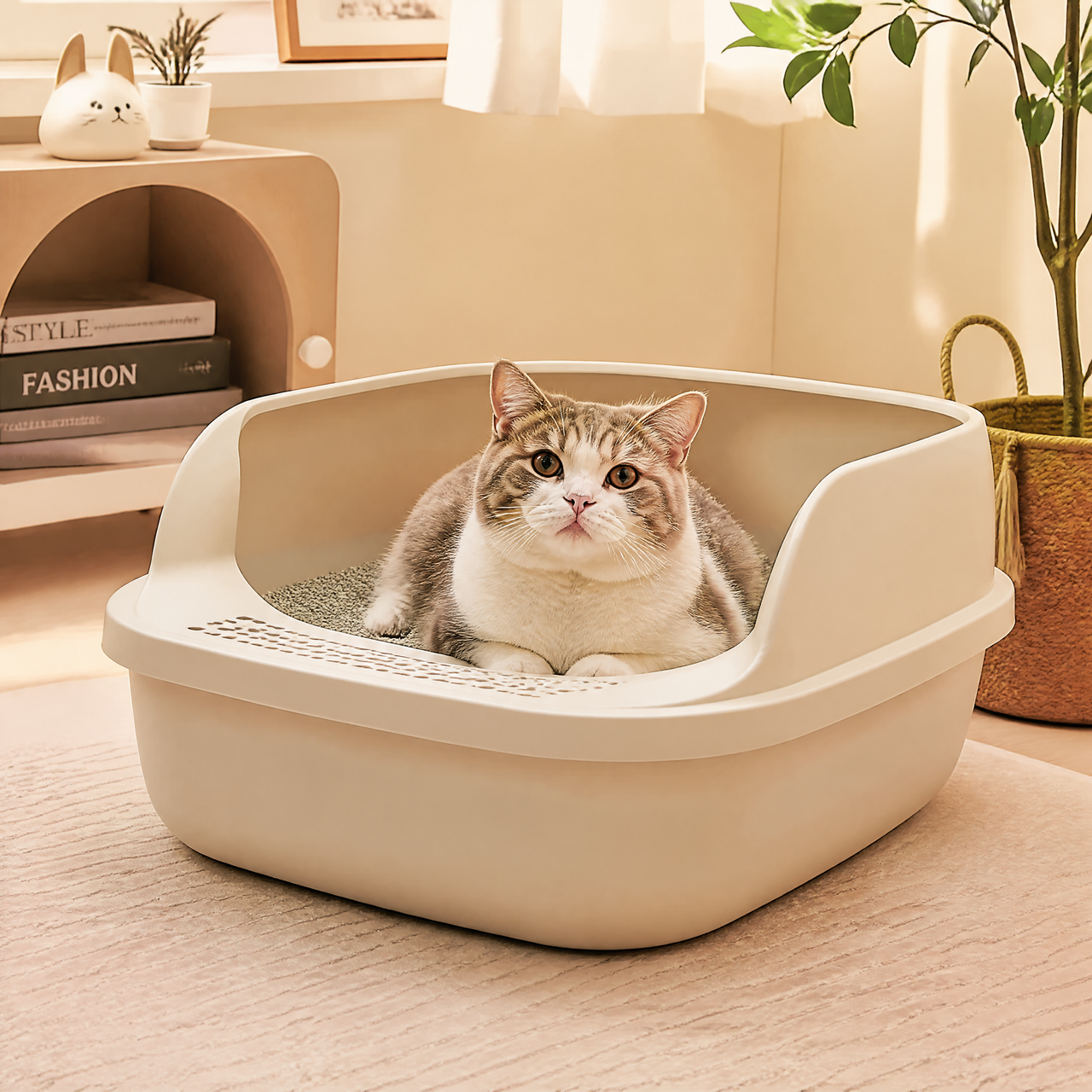 A cat sitting comfortably inside a beige litter box in a well-lit room.