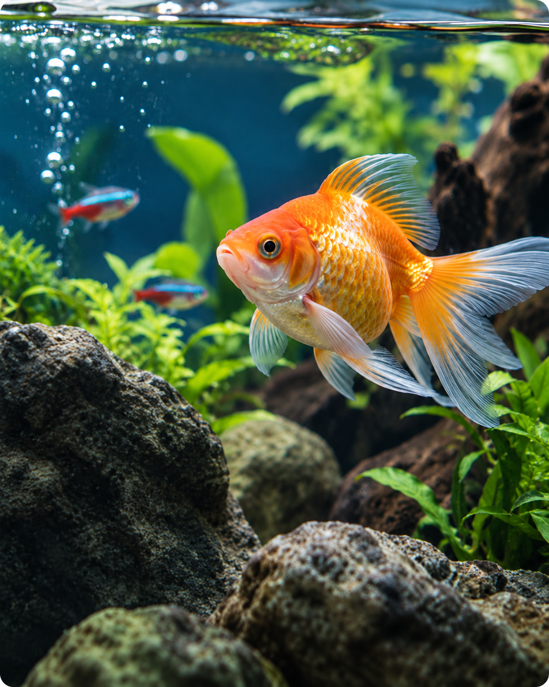 Goldfish and neon tetras swimming in a planted aquarium