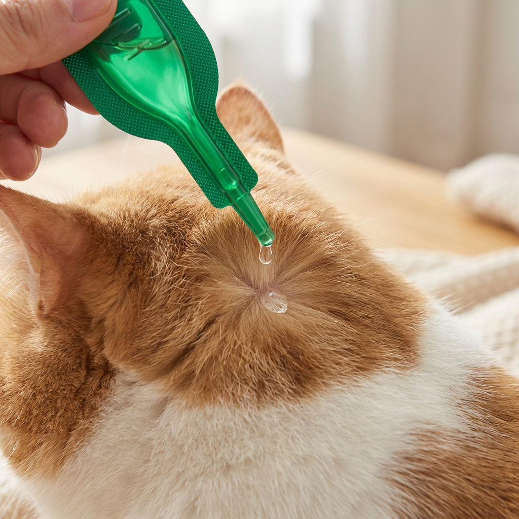 Close-up of a hand applying liquid treatment to a spot on a cat's fur