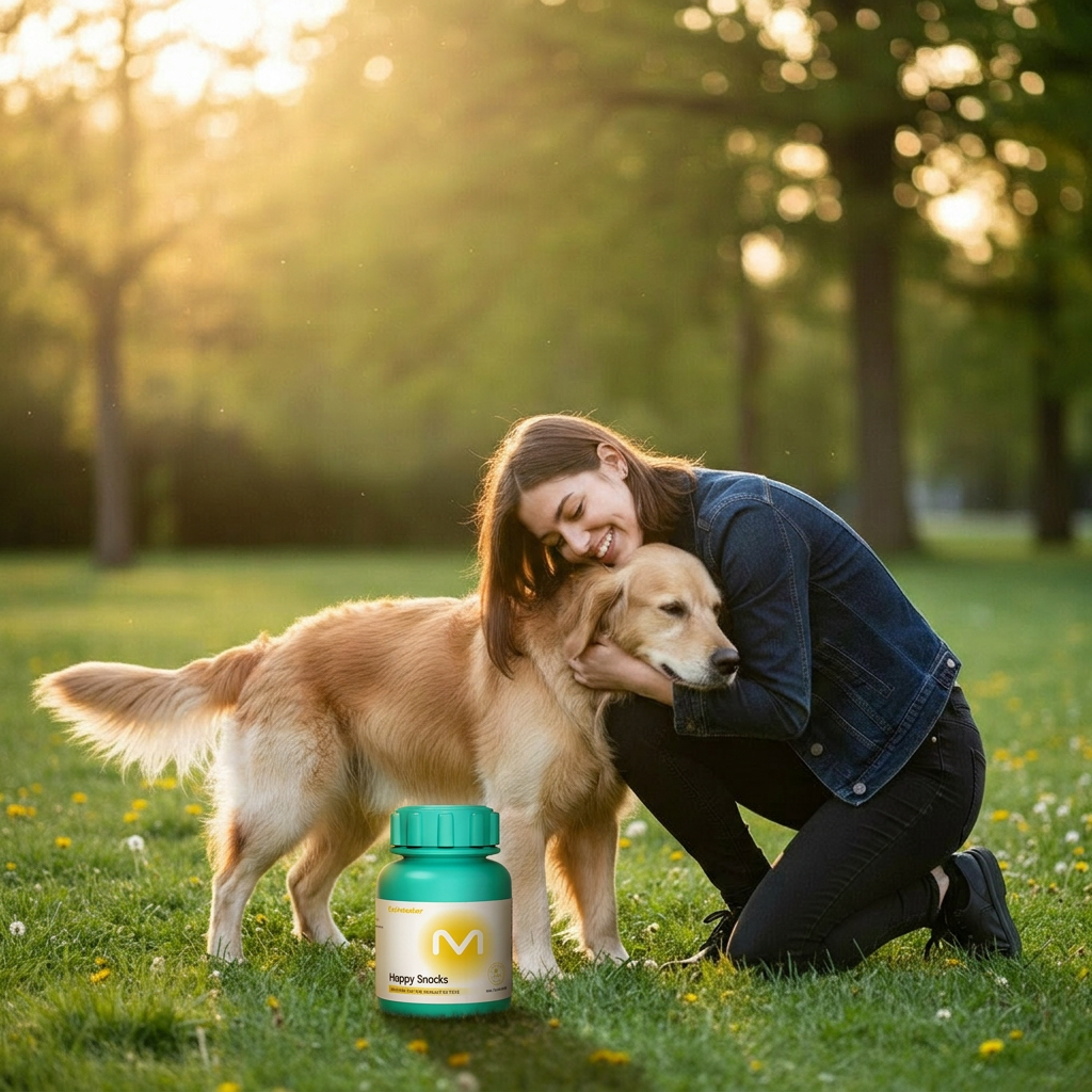 Smiling woman hugging a golden retriever on a grassy park lawn at sunset