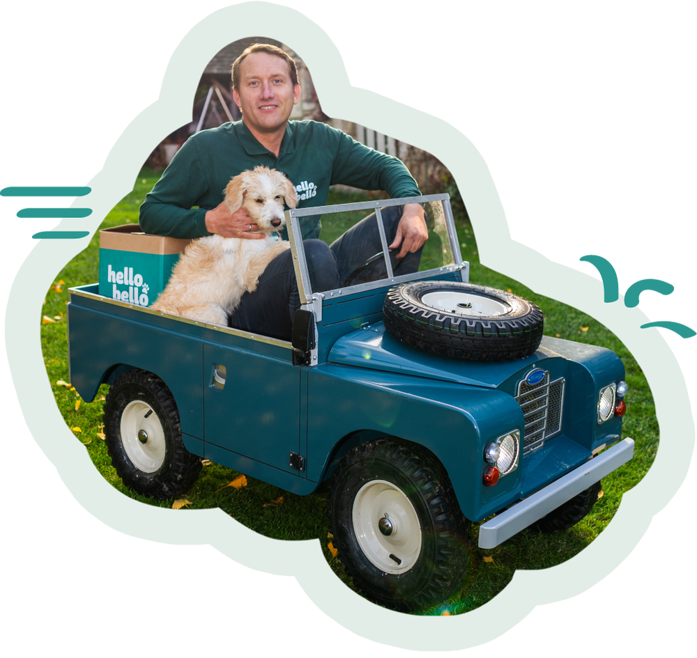 Mann mit Welpen im Spielzeugauto liefert eine HelloBello Box
