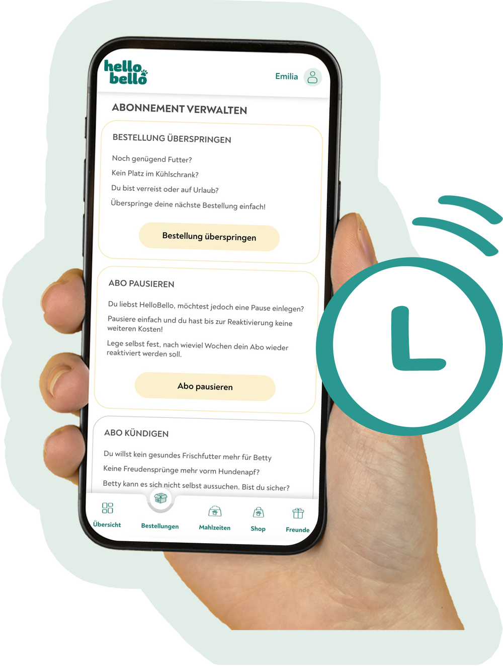 Smartphone mit dem HelloBello Pfotenportal zur Abo-Verwaltung
