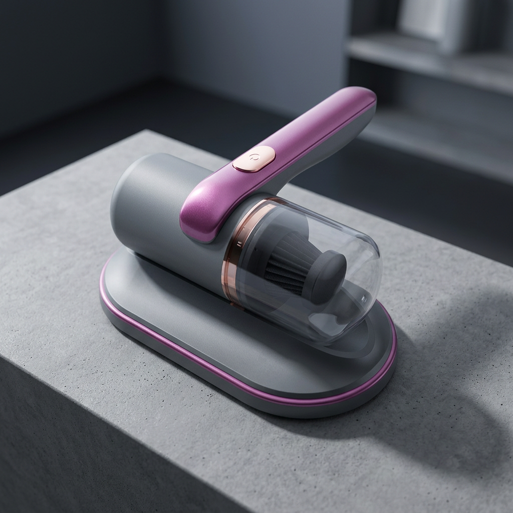 Pink and gray handheld cordless vacuum cleaner on textured surface