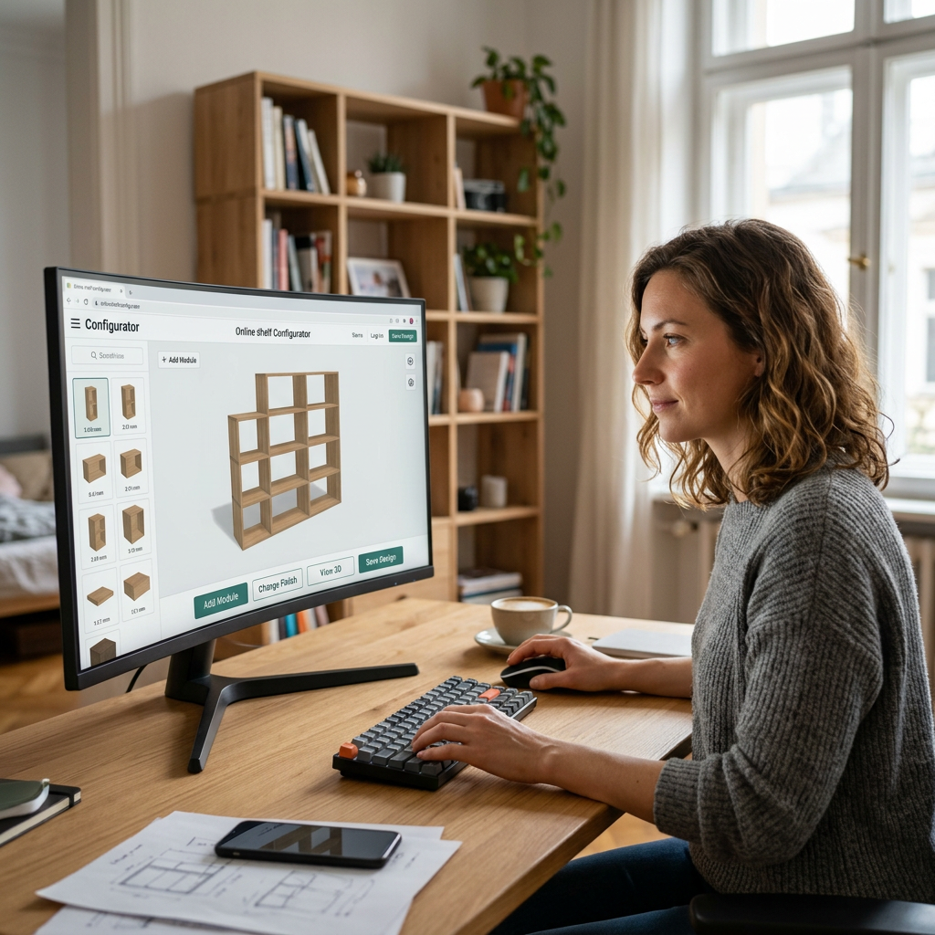 A woman using a shelf configurator software on a large monitor in a bright room