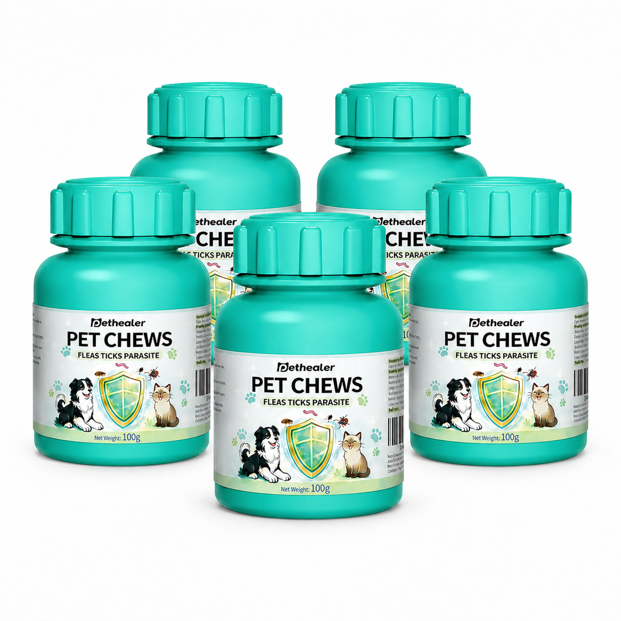 Five teal bottles labeled Pet Chews for fleas, ticks, and parasites with dog and cat illustrations