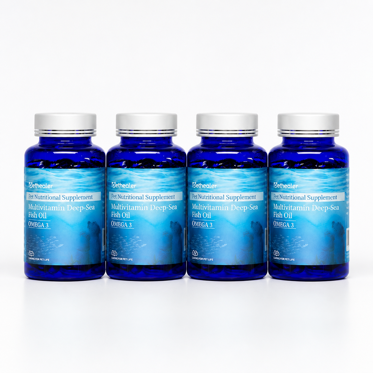 Four blue bottles labeled Pet Nutritional Multivitamin Deep-Sea Fish Oil Omega 3
