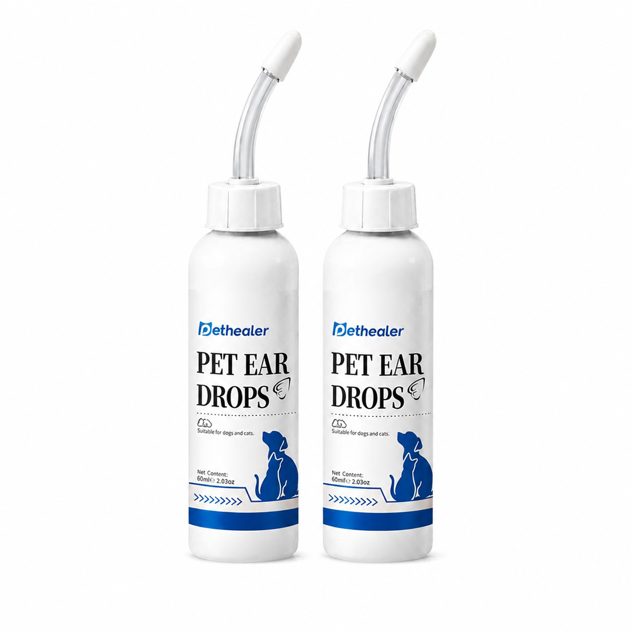 Two bottles of Pethealer brand pet ear drops for dogs and cats with curved applicators