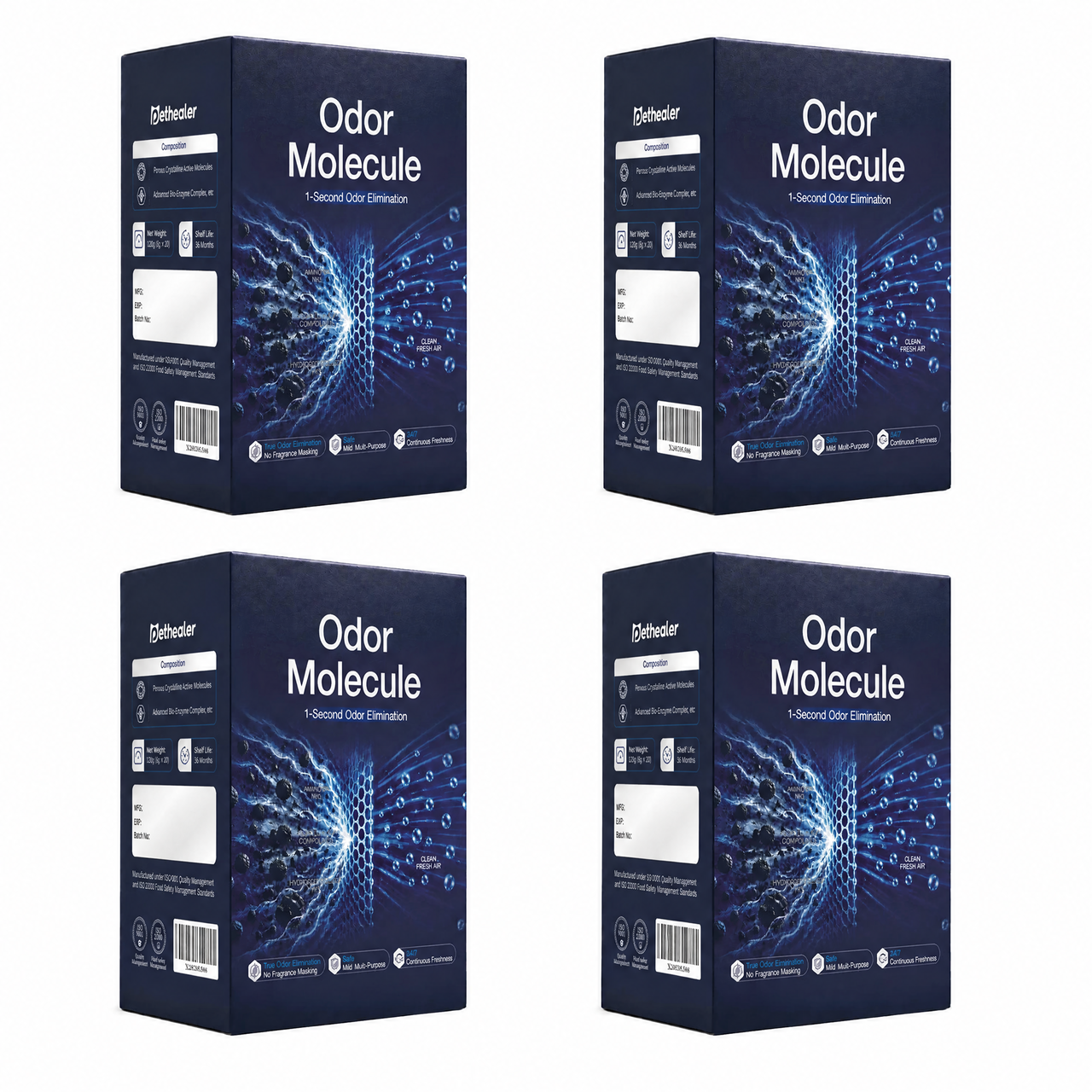 Blue packaging box labeled Odor Molecule with water and molecule graphic design