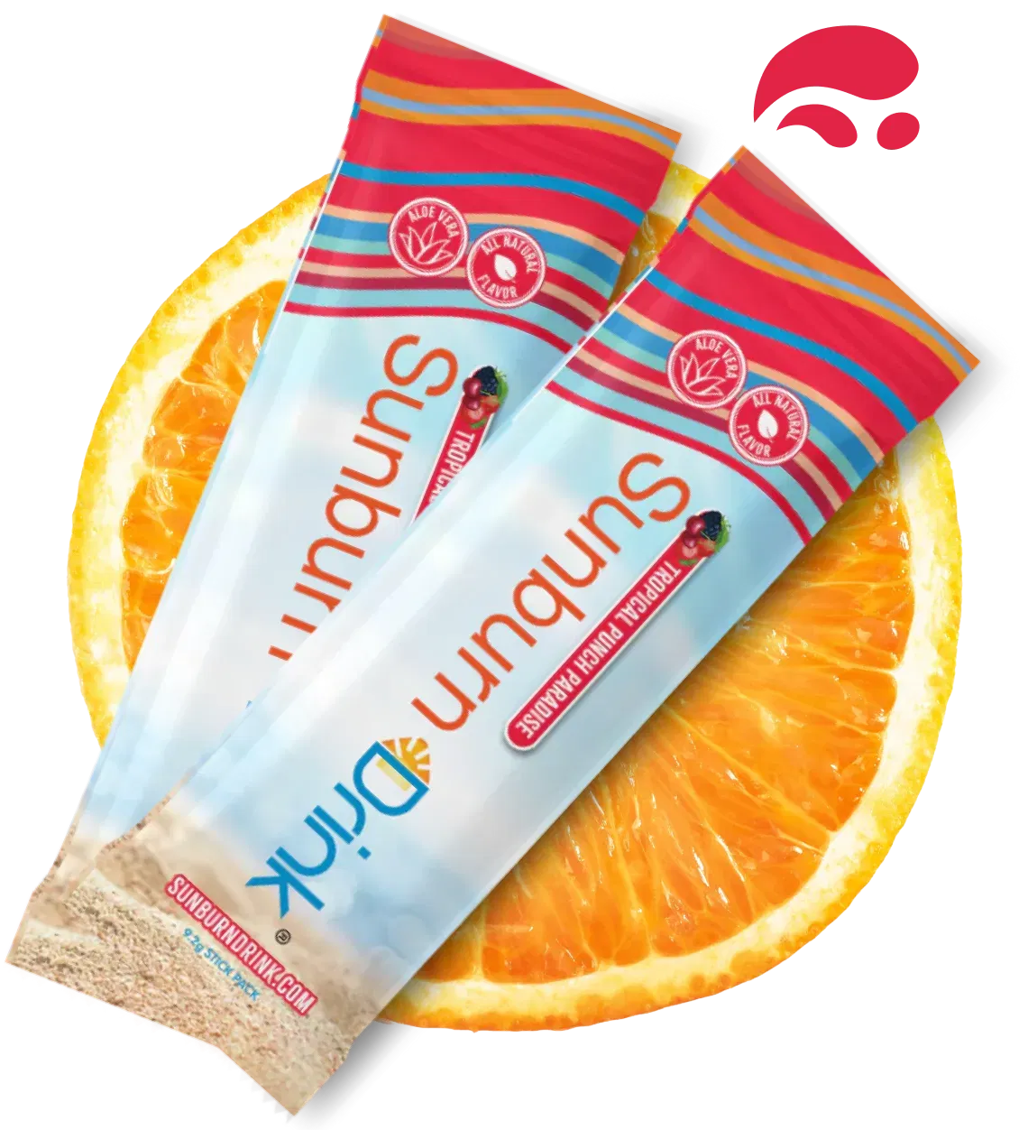 Two Sunburn Drink tropical punch paradise powder packets on a sliced orange background.