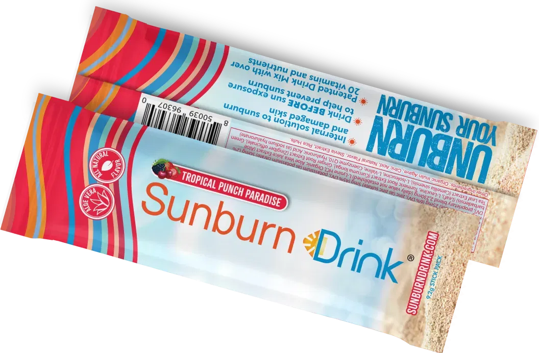 Two sunburn relief drink powder packets labeled Tropical Punch Paradise with colorful design.