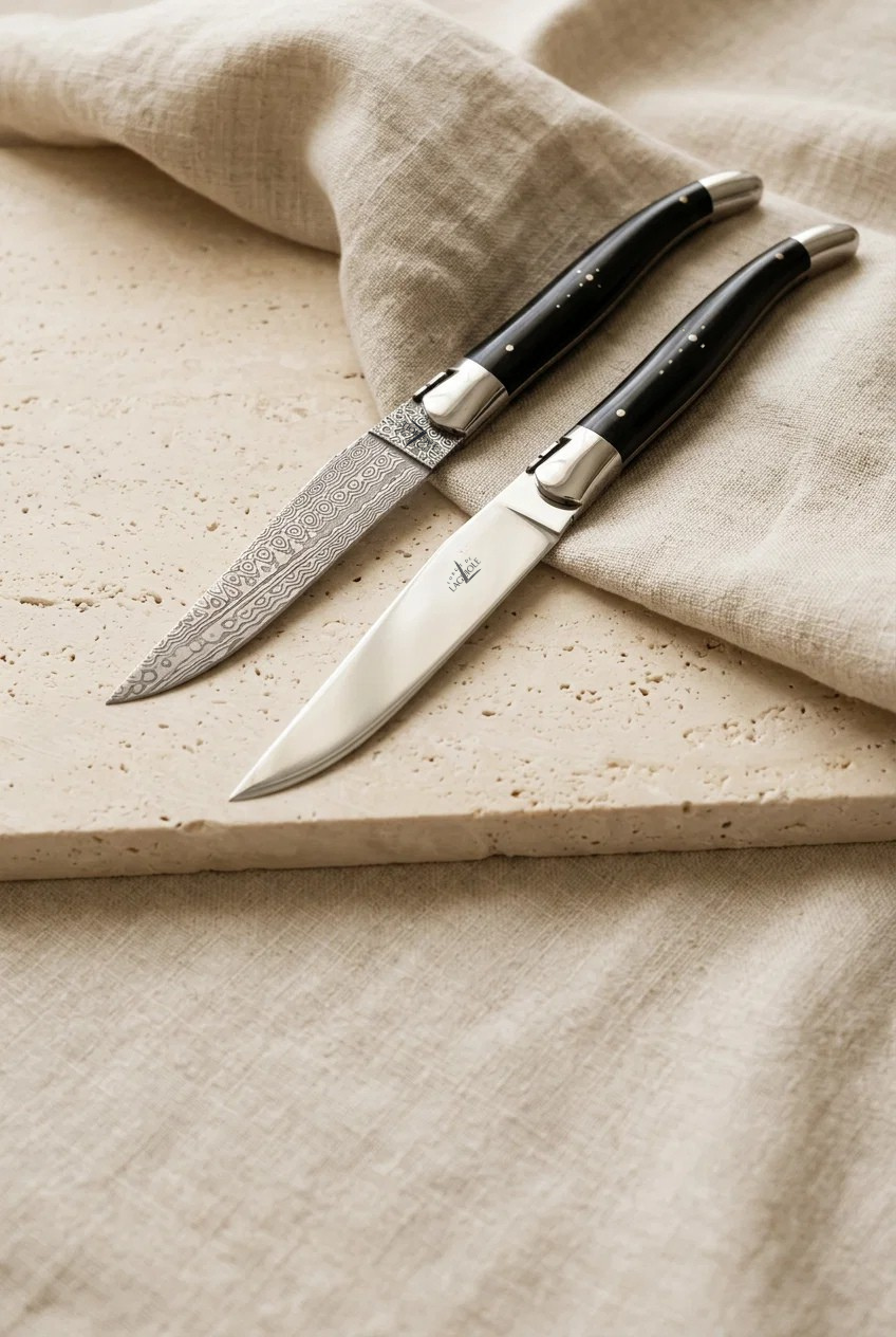 A Dark Horn Tradition Range table knife with polished blade beside a Dark Horn Collection Range table knife with Damascus steel blade, on limestone and linen
